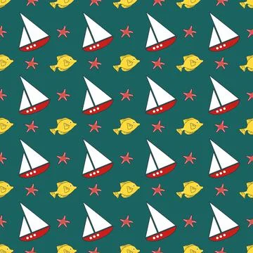 Summer sea pattern with ships, fish and starfish on a blue background Stock Illustration