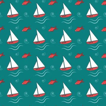 Summer sea pattern with ships, waves and fish on a blue background Illustrazione stock