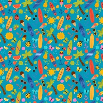 Summer sea seamless pattern with surfboards, palm trees, anchors, sunglasse.. Stock Illustration