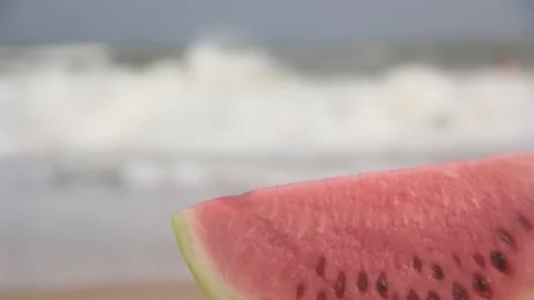 Summer sea watermelon on the beach Video stock 87593744