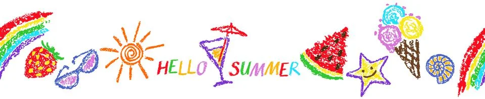 Summer seamless border or pattern. Funny hand drawn symbol vector texture. Illustrazione stock