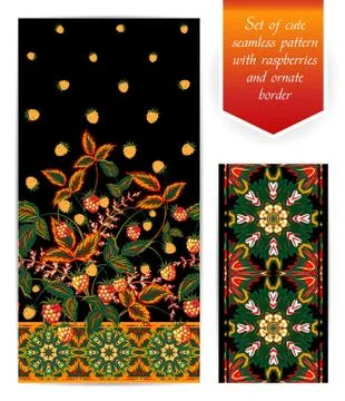 Summer seamless border template with raspberry leaves and berries. Ornate edging 스톡 일러스트