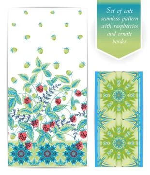 Summer seamless border template with raspberry leaves and berries. Ornate edging イラスト素材
