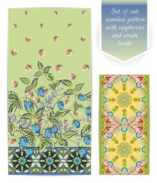 Summer seamless border template with raspberry leaves and berries. Ornate edging イラスト素材