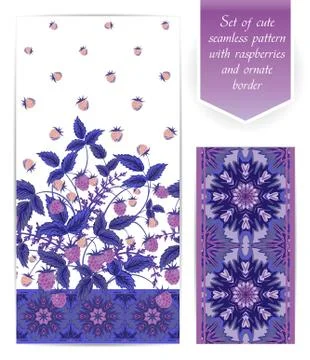 Summer seamless border template with raspberry, leaves and flowers Illustrazione stock