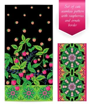 Summer seamless border template with raspberry leaves and berries. Ornate edging Stock Illustration