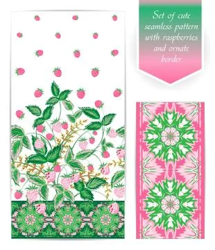 Summer seamless border template with raspberry leaves and berries. Ornate edging Stock Illustration