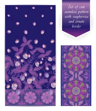 Summer seamless border template with raspberry leaves and berries. Ornate edging 스톡 일러스트