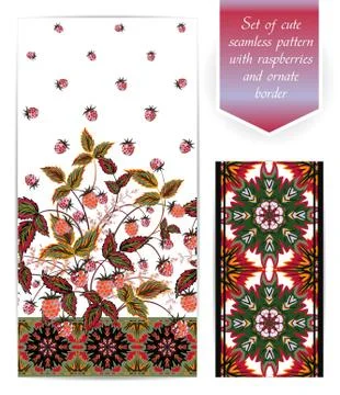 Summer seamless border template with raspberry leaves and berries. Ornate edging Illustrazione stock