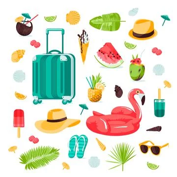 Summer seamless cute colorful objects set on white background. Stock Illustration