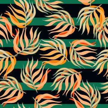Summer seamless doodle pattern with random bright orange tropic leaf branches Stock Illustration