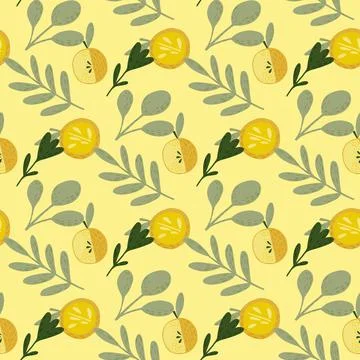 Summer seamless fruit pattern with yellow apples and grey leaf print. Pastel  Stock Illustration