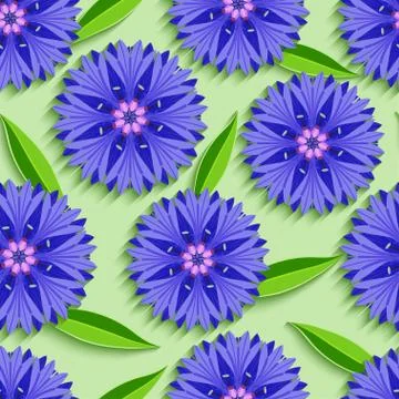 Summer seamless pattern with 3d cornflowers and leaves Stock Illustration