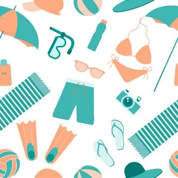 Summer seamless pattern. Accessories for sea holidays. Suitable for printin.. Stock Illustration