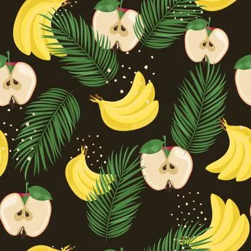 Summer seamless pattern with banana, apple and palm leaves. Stock Illustration