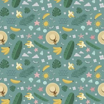 Summer seamless pattern, bananas and palm trees, hat and mollusks, vector ill Stock Illustration