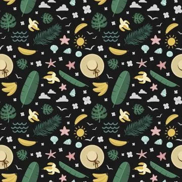 Summer seamless pattern, bananas and palm trees, hat and mollusks, vector Illustrazione stock