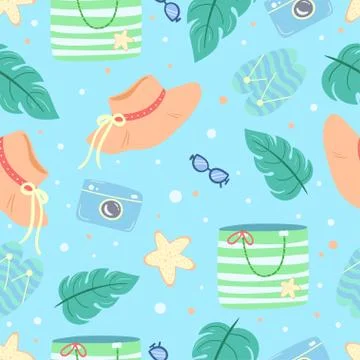 Summer seamless pattern with beach accessories - hat, bag, sunglasses. Vector Stock Illustration