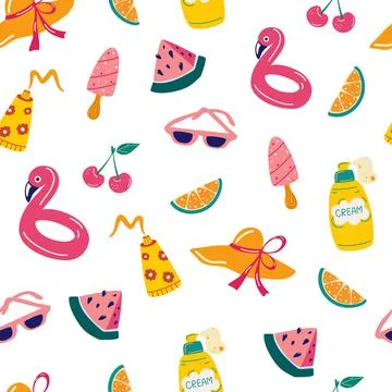 Summer seamless pattern. Beach accessories, ice cream, creams, fruit and hat. Stock Illustration