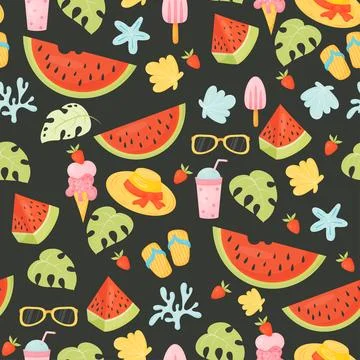 Summer seamless pattern with beach accessories and seashells and with piece.. Illustrazione stock