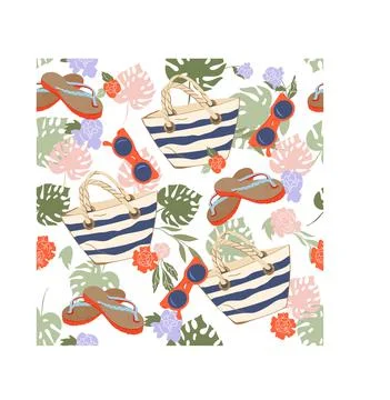 Summer seamless pattern with beach bag and supplies for sea vacation, vector. Illustrazione stock