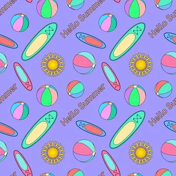 Summer seamless pattern of beach balls, surfboard, sun, and - Hello Summer -  Stock Illustration