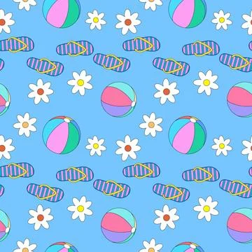 Summer seamless pattern of beach balls, striped flip flops, and white daisy.. Stock Illustration