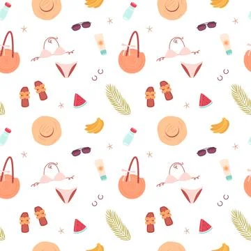Summer seamless pattern with beach holiday accessories. Bright vector clipart 스톡 일러스트