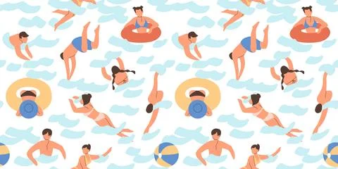Summer seamless pattern. Beach swim. Pool swimmers. People swimming in sea water Stock Illustration