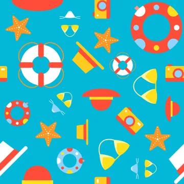 Summer seamless pattern, bikini, straw hat, beach hat, star fish, swim ring a Stock Illustration