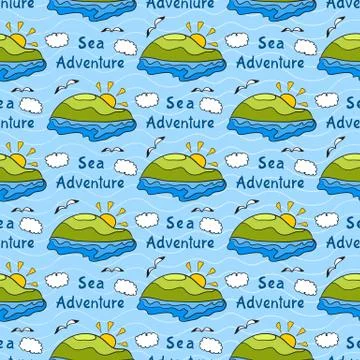 Summer seamless pattern with bright images of island, sea adventure, travel b Stock Illustration