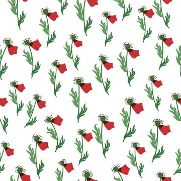 Summer seamless pattern with bright red poppy flowers and poppy pods. Field,  Illustrazione stock