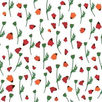 Summer seamless pattern with bright red poppy flowers and poppy pods. Field,  イラスト素材