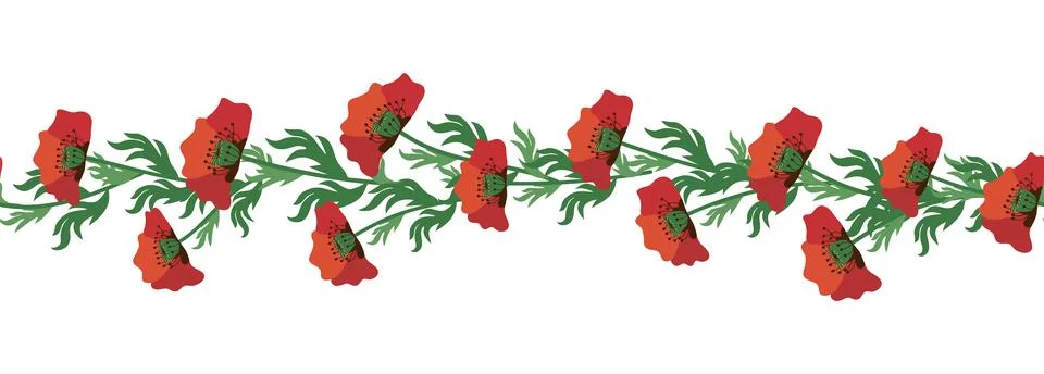Summer seamless pattern with bright red poppy flowers and poppy pods. Garla.. Stock Illustration