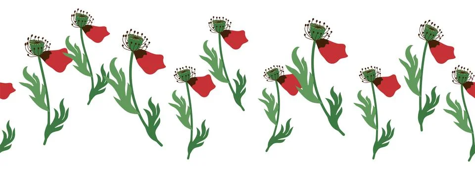 Summer seamless pattern with bright red poppy flowers and poppy pods. Garland Stock Illustration