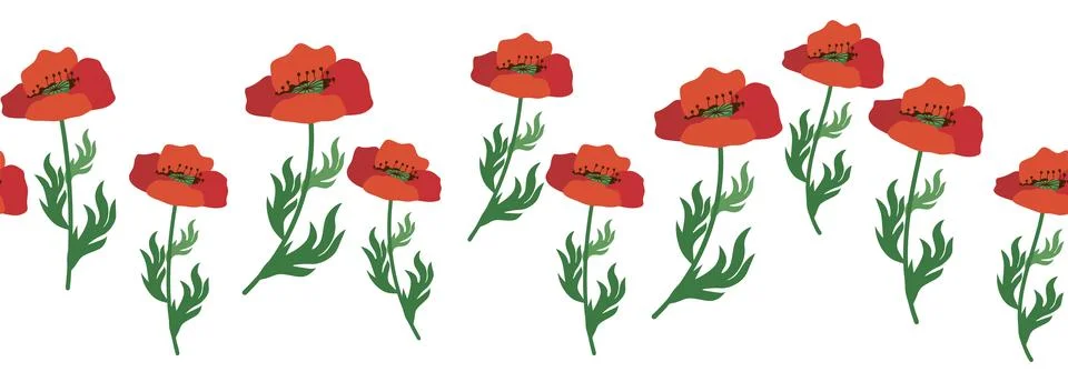 Summer seamless pattern with bright red poppy flowers and poppy pods. Garla.. Stock Illustration