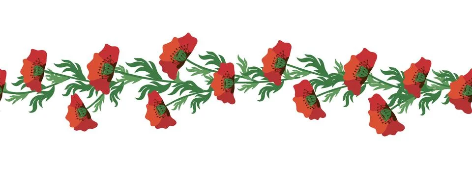 Summer seamless pattern with bright red poppy flowers and poppy pods. Garla.. Stock Illustration