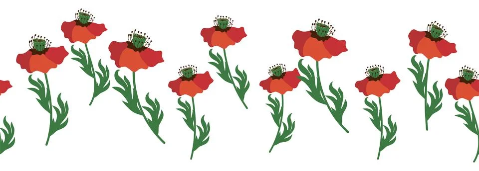 Summer seamless pattern with bright red poppy flowers and poppy pods. Garla.. Stock Illustration