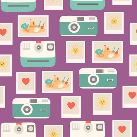 Summer seamless pattern with cameras and vector Stock Illustration