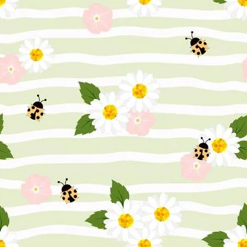Summer seamless pattern with chamomiles  and ladybugs on stripped background Stock Illustration