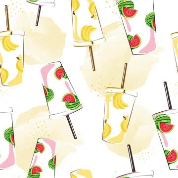 Summer seamless pattern with cocktails. Melon and banana milkshake. Stock Illustration