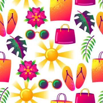 Summer seamless pattern with colorful elements. Sun, palm leaves and shopping Stock Illustration
