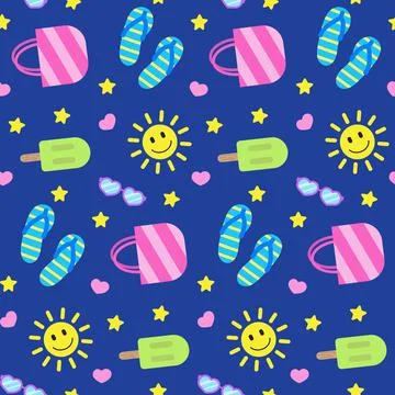 Summer seamless pattern, colorful elements on blue board. Sun, shoes, beach bag Illustrazione stock