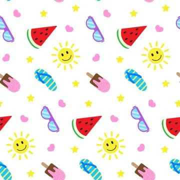 Summer seamless pattern, colorful elements on white board. Sun, shoes, beach bag Stock Illustration