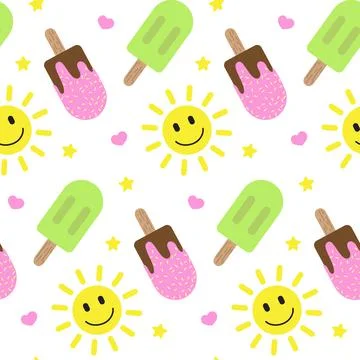 Summer seamless pattern, colorful elements on white board. Smiling sun and ice Stock Illustration
