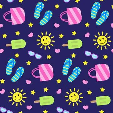 Summer seamless pattern, colorful elements on dark board. Smiling sun, bag Illustrazione stock