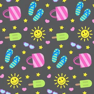 Summer seamless pattern, colorful elements on dark board. Smiling sun, bag Stock Illustration
