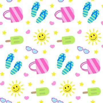 Summer seamless pattern, colorful elements on dark board. Smiling sun, bag, sung イラスト素材