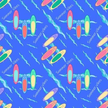 Summer seamless pattern of colorful surfboard, ocean waves, and text - Summer 스톡 일러스트