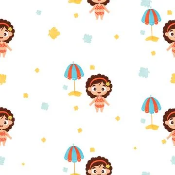Summer seamless pattern. Cute beach girl child in swimsuit with sun umbrella and Illustrazione stock